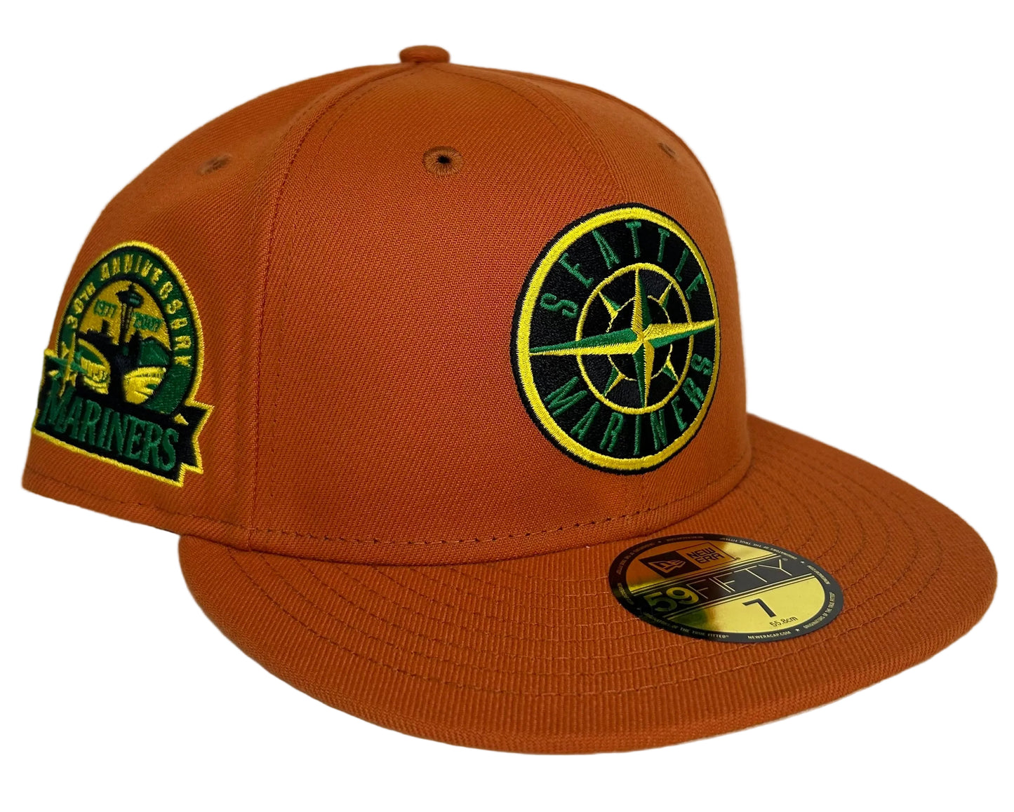 New Era 59FIFTY Seattle Mariners 30th Anniversary Patch fitted hat in burnt orange with a stone undervisor. 