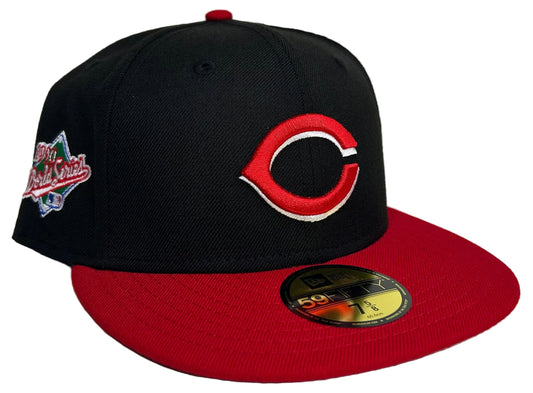 Cincinnati Reds 59FIFTY Fitted Hat by New Era, specifically an "Alternate Authentic Collection On-Field" 2-Tone model, custom version featuring 1990 World Series Side Patch.