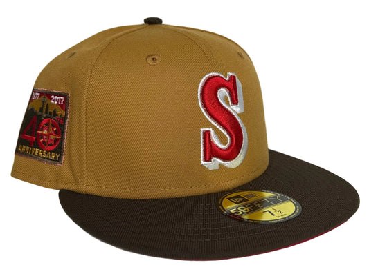 New Era Seattle Mariners 59FIFTY fitted hat featuring a Panama tan crown and brown visor.