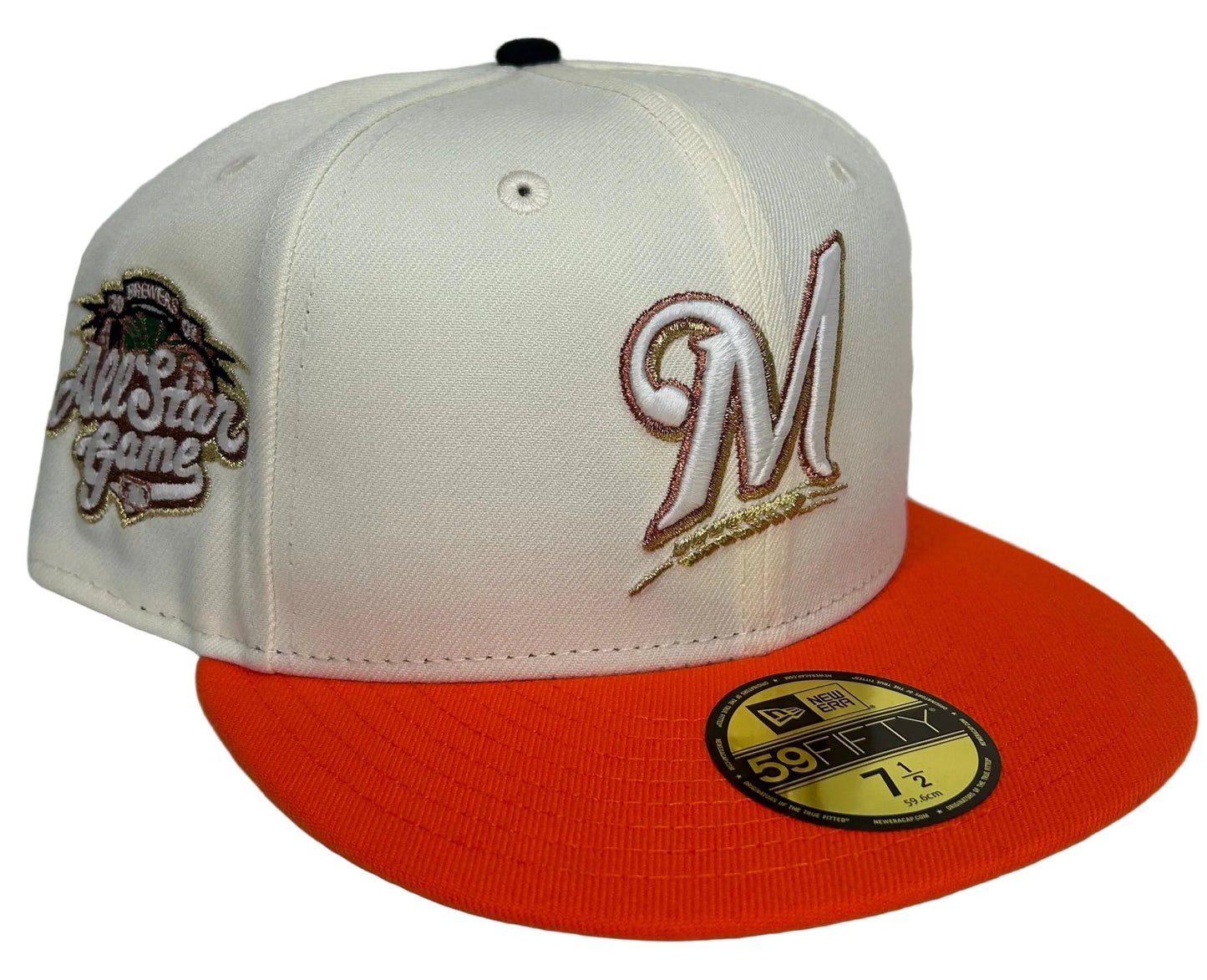 New Era Milwaukee Brewers 2002 All Star Game 59Fifty fitted hat features a cream crown, orange visor, and a commemorative side patch.