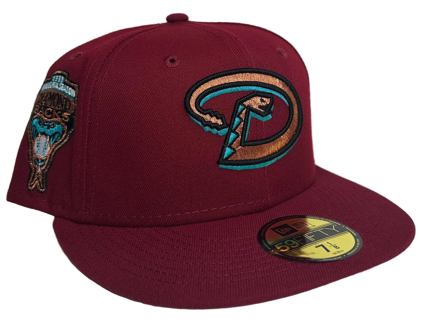 New Era 59FIFTY Arizona Diamondbacks fitted hat features a burgundy body and a 1998 inaugural season side patch.