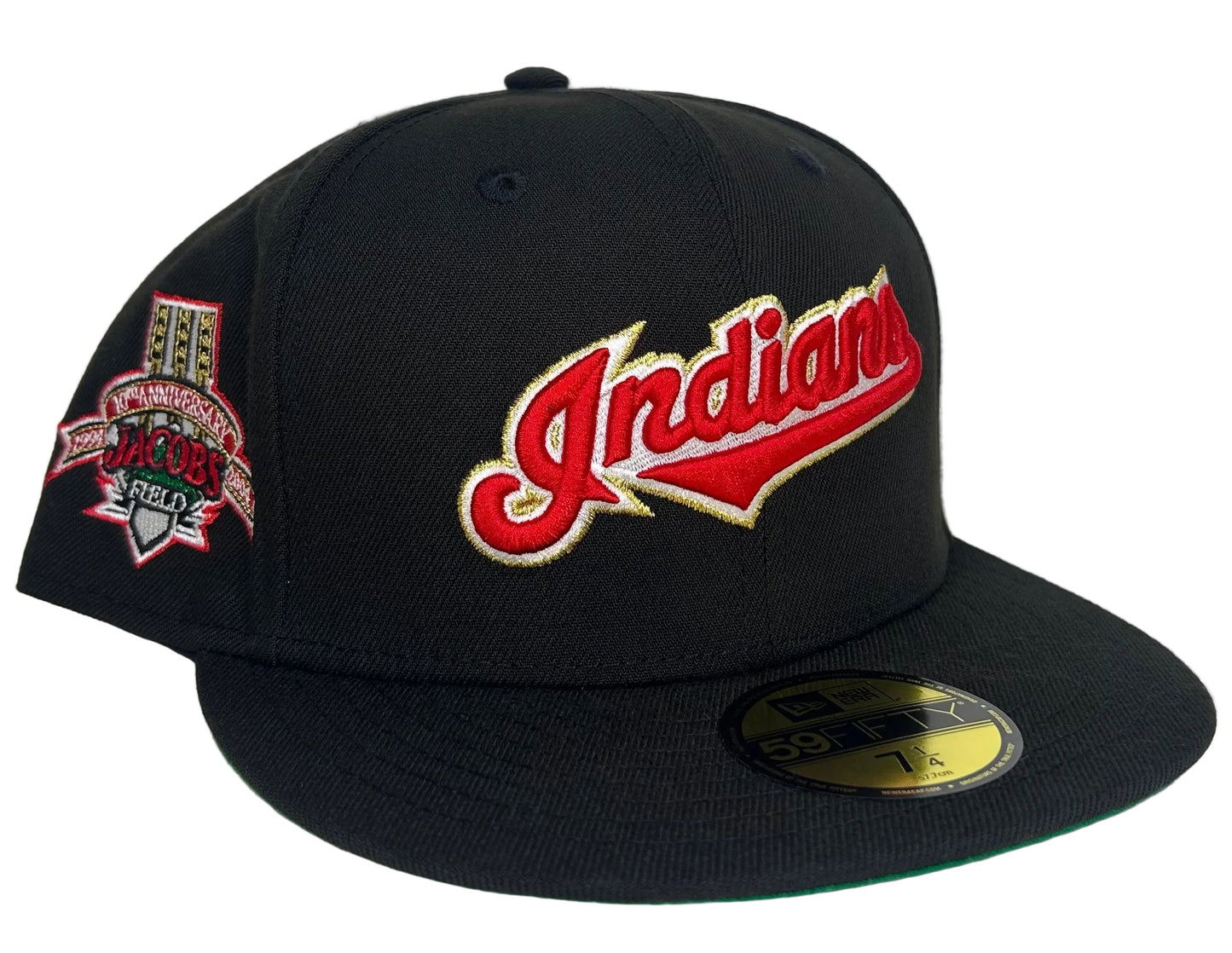 New Era Cleveland Indians 59FIFTY fitted hat featuring a red script logo and a 1994 Jacobs Field inaugural season side patch.