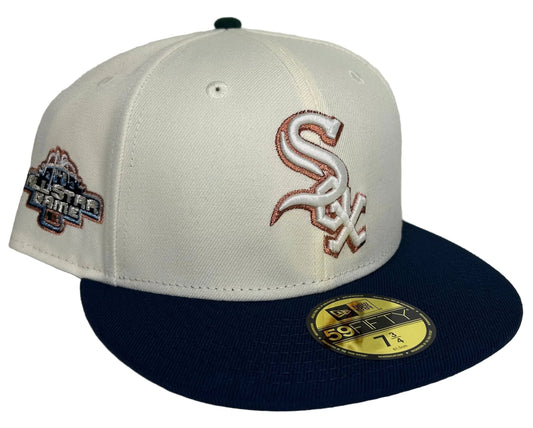 New Era 59Fifty Chicago White Sox hat from the Hat Club Rushmore collection features a white crown, navy brim, and a 2003 All-Star Game patch.