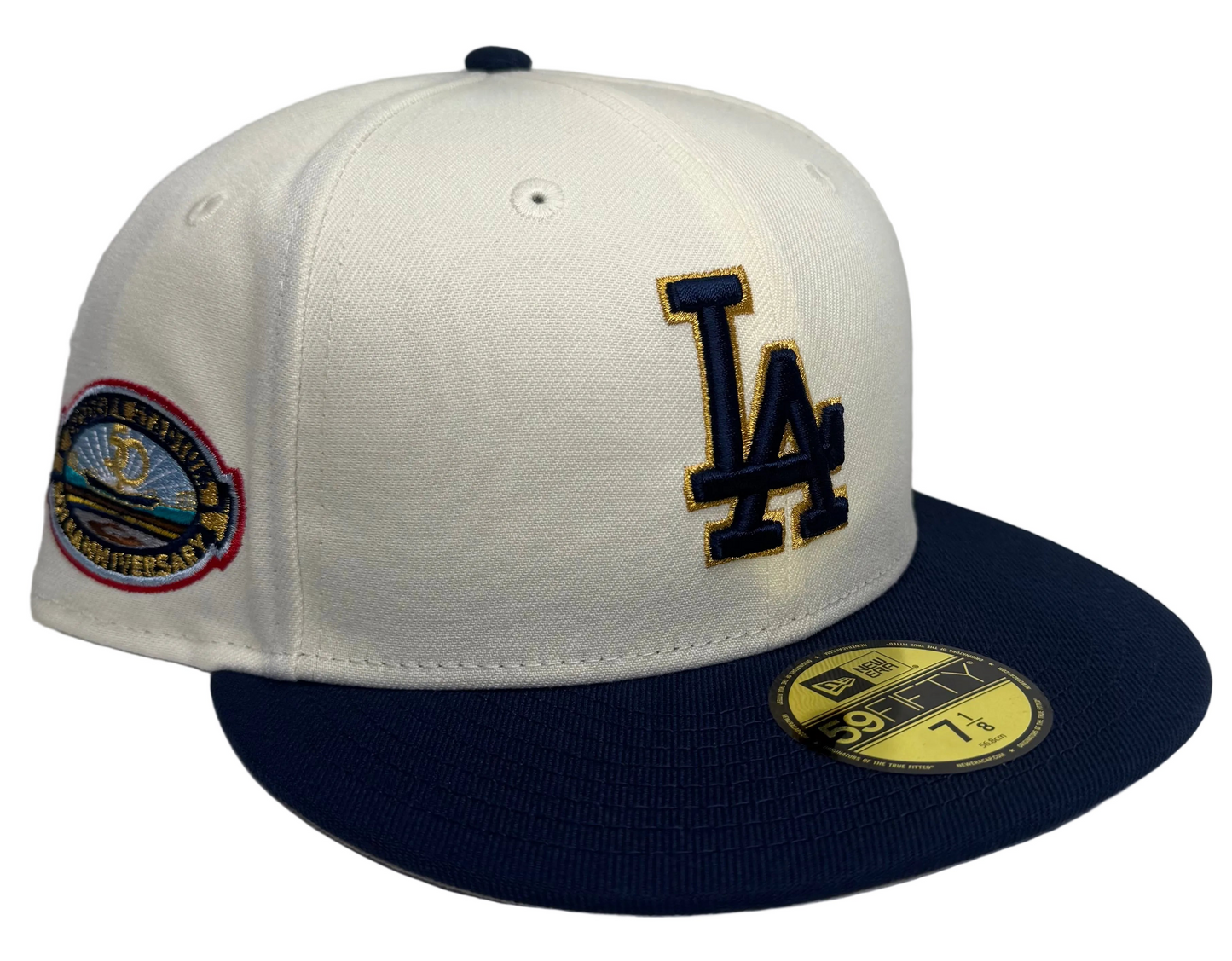 New Era 59FIFTY Los Angeles Dodgers 50th Anniversary fitted hat featuring an off-white crown and a navy visor.
