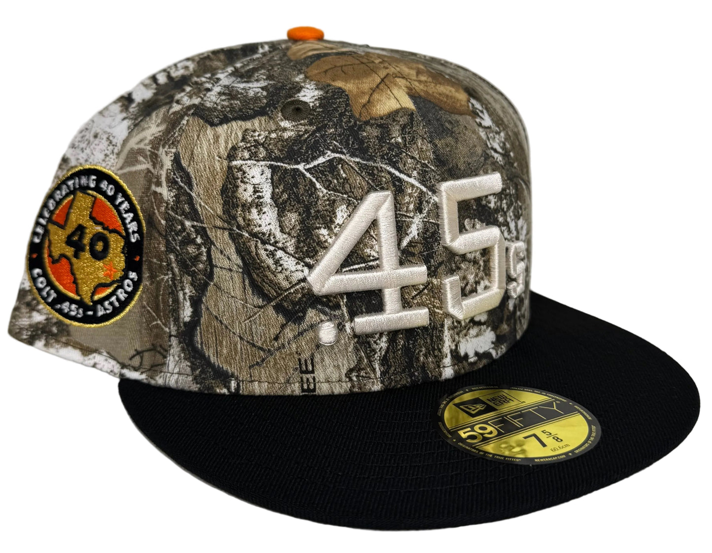 New Era 59Fifty fitted hat features a Realtree camo crown, a navy blue brim, and a special patch celebrating 40 years of the Houston Colt .45s