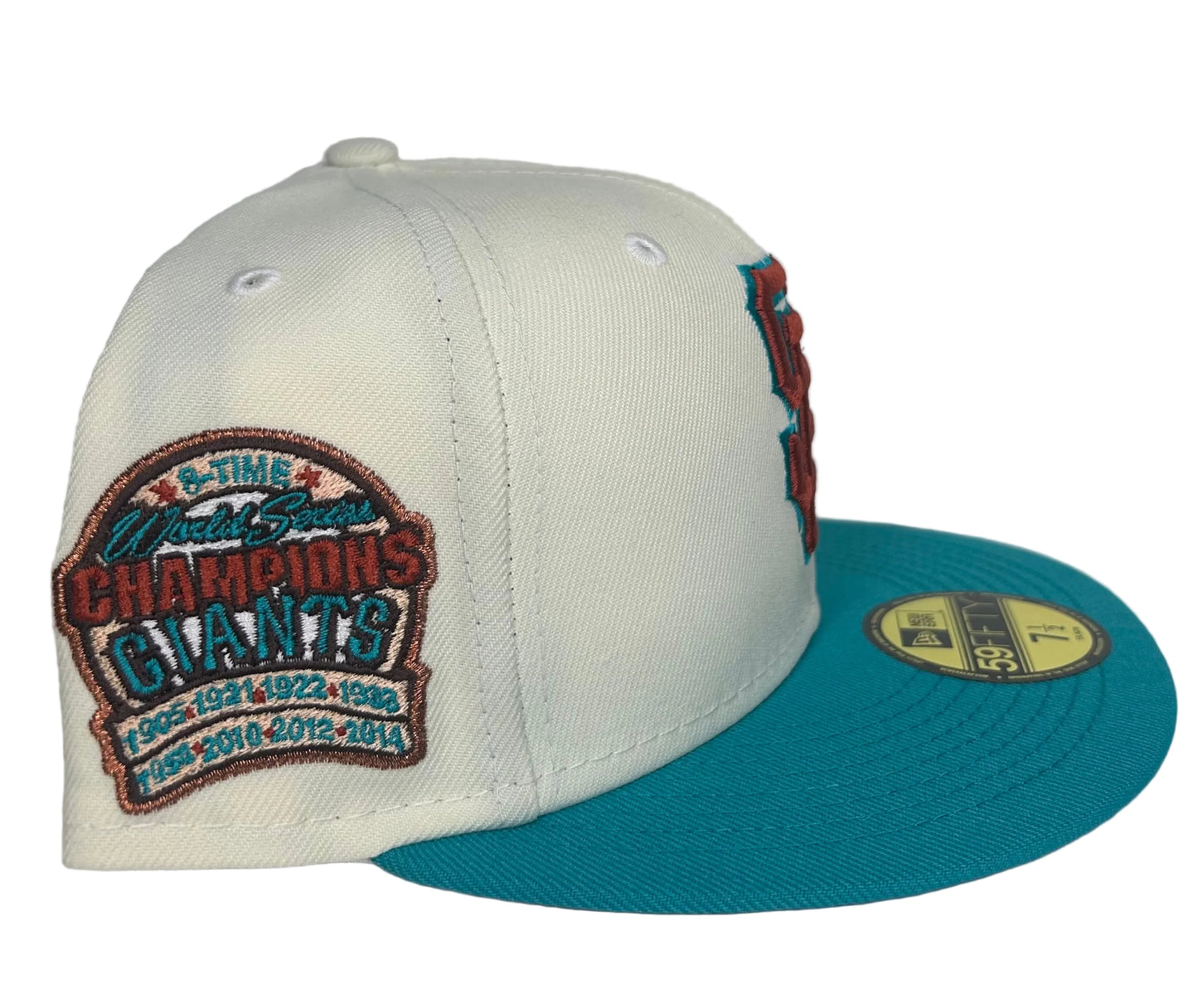 New Era 59FIFTY San Francisco Giants "South Beach" fitted hat featuring a teal visor and custom side patch.