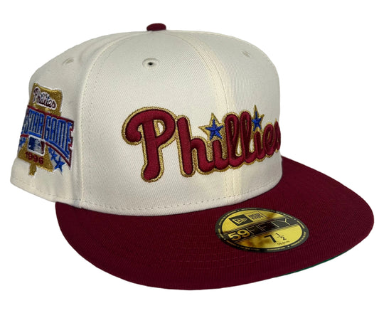 New Era Philadelphia Phillies 1996 All-Star Game 59Fifty Fitted Hat featuring a two-tone design with a white crown and a maroon brim.