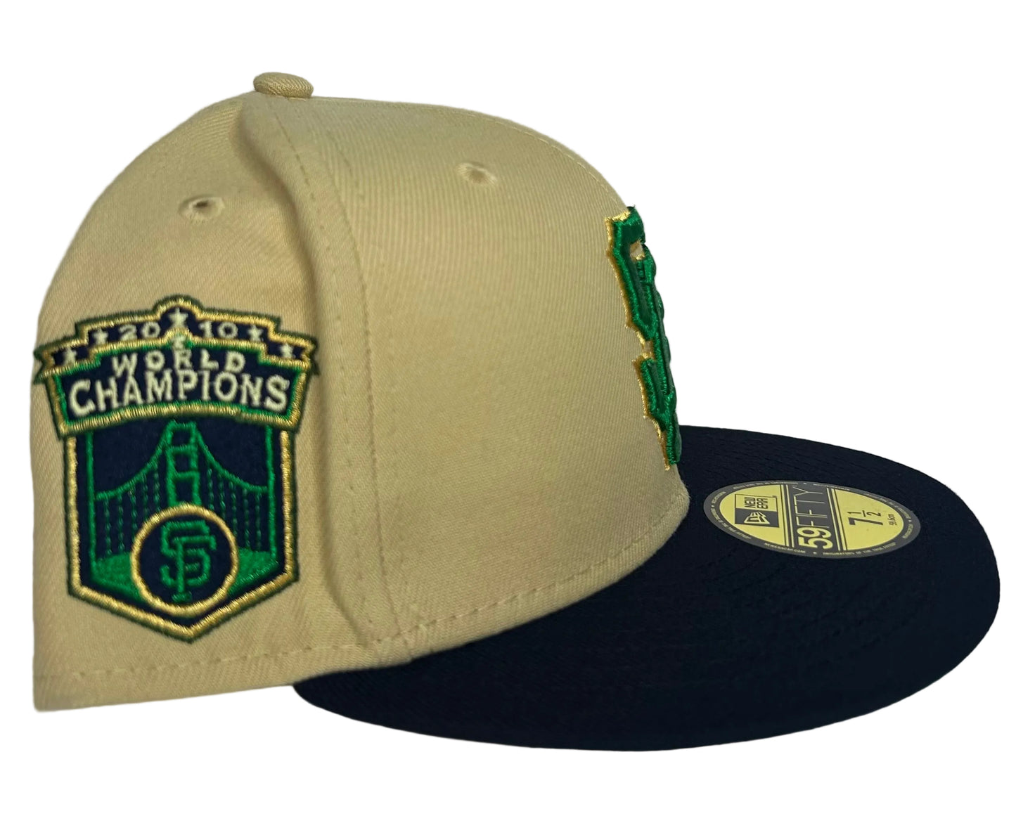 New Era 59FIFTY San Francisco Giants "Bank Roll" fitted hat featuring a khaki crown, navy visor, and green embroidered logo details.