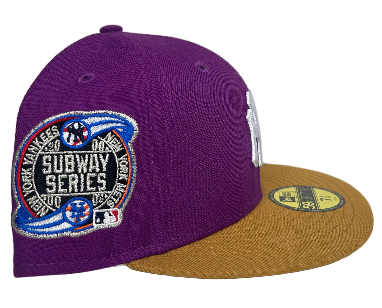 New Era New York Yankees Grape Purple 59FIFTY fitted hat featuring a tan/camel brim and a 2000 Subway Series side patch.