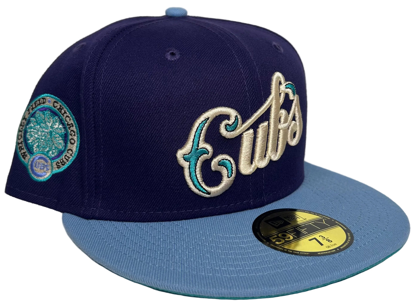 New Era Chicago Cubs 59Fifty fitted hat, featuring a purple crown, light blue visor, and a Wrigley Field side patch.