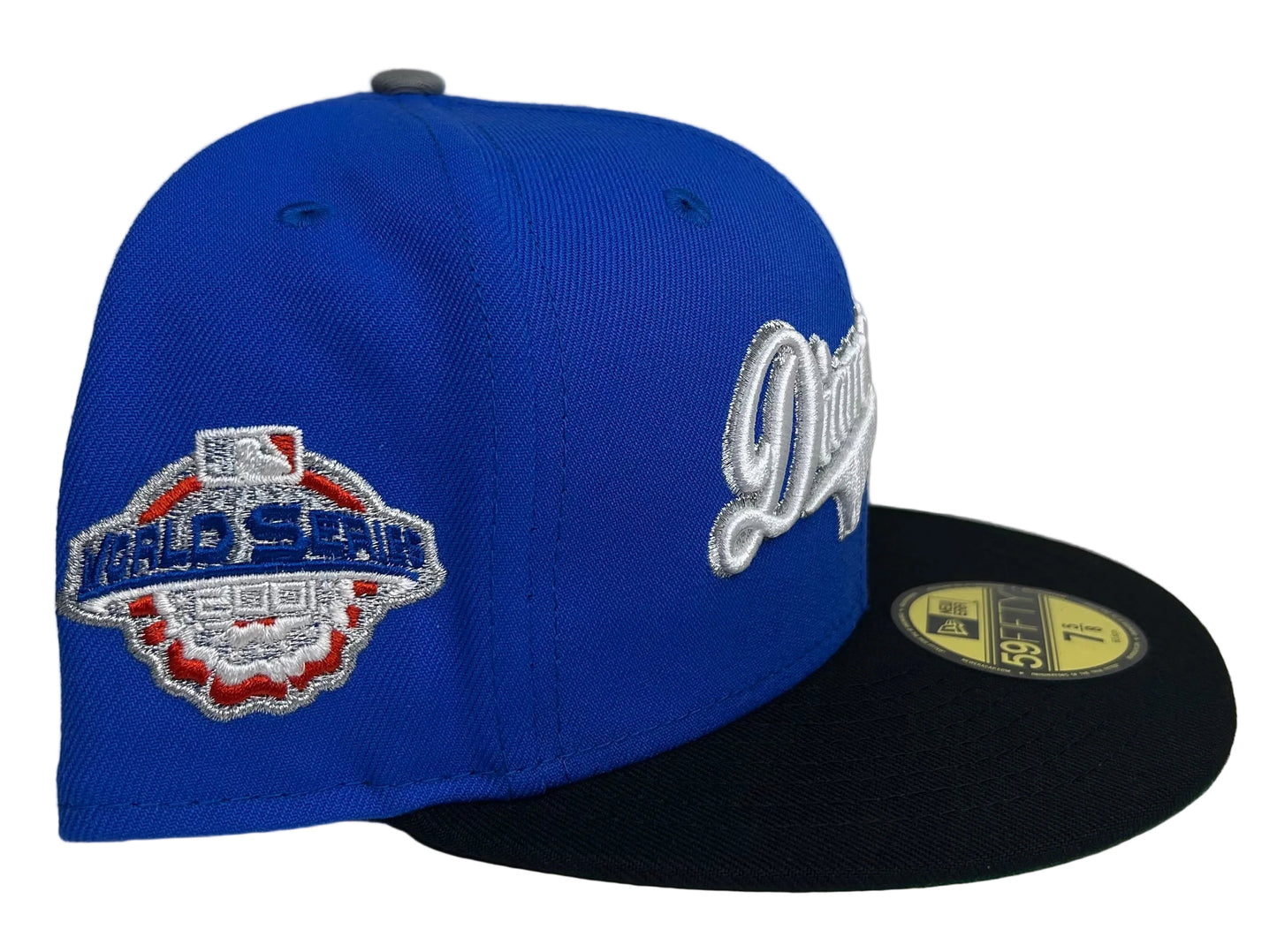 New Era 59Fifty Arizona Diamondbacks fitted hat featuring a metallic silver script logo on a royal blue crown with a black visor.