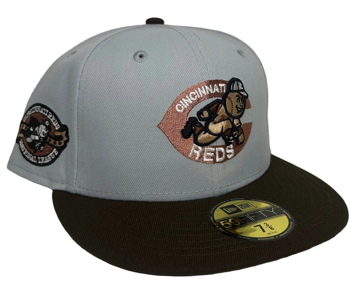 New Era 59FIFTY Cincinnati Reds grey and brown fitted hat featuring a vintage Mr. Redlegs side patch and a contrasting brown visor.