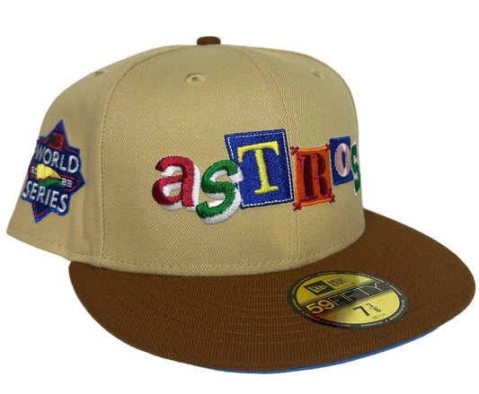 New Era Houston Astros “Toys R Us” W/ a 2022 World Series fitted cap features a khaki crown and a brown visor.