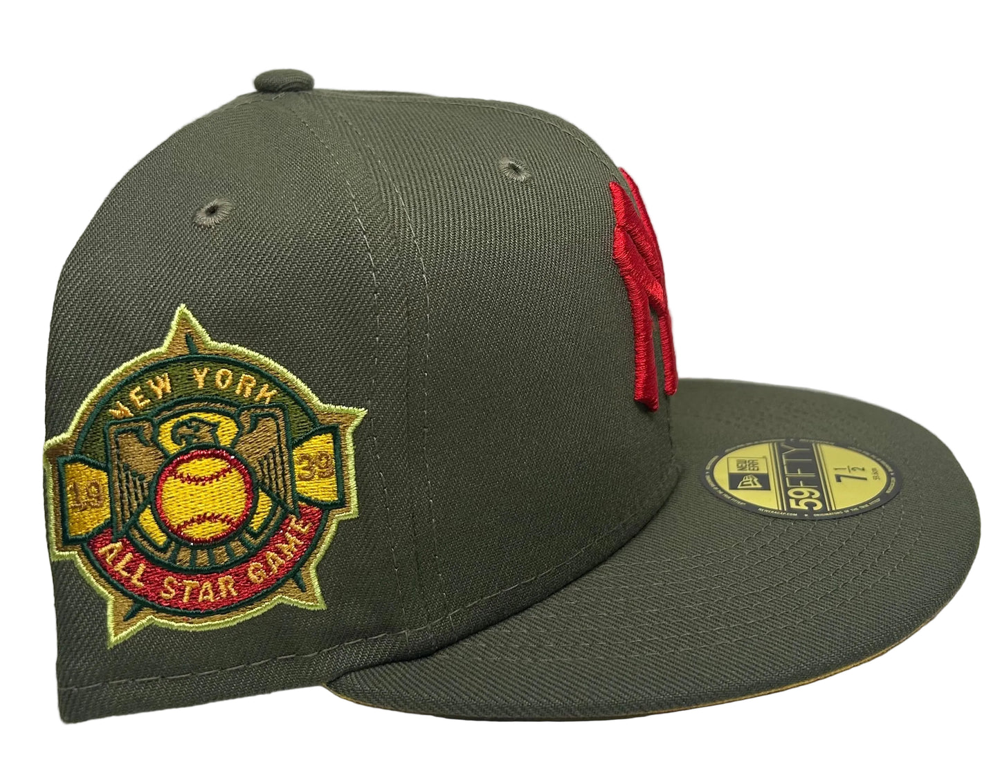 New Era New York Yankees 59FIFTY fitted hat features an olive green crown and a distinctive red "NY" logo.