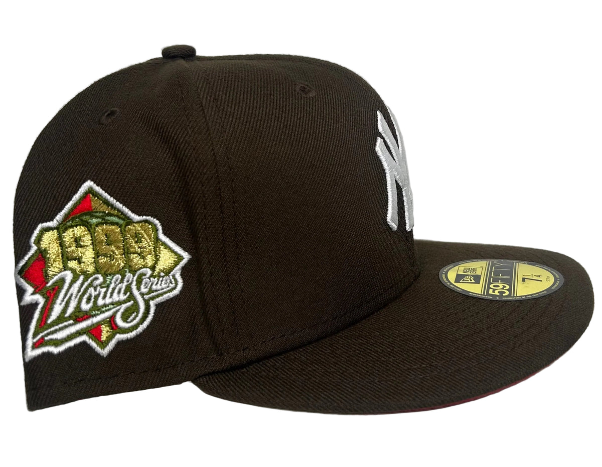New Era 59FIFTY New York Yankees fitted hat Brown & Red UV featuring a 1999 World Series side patch.