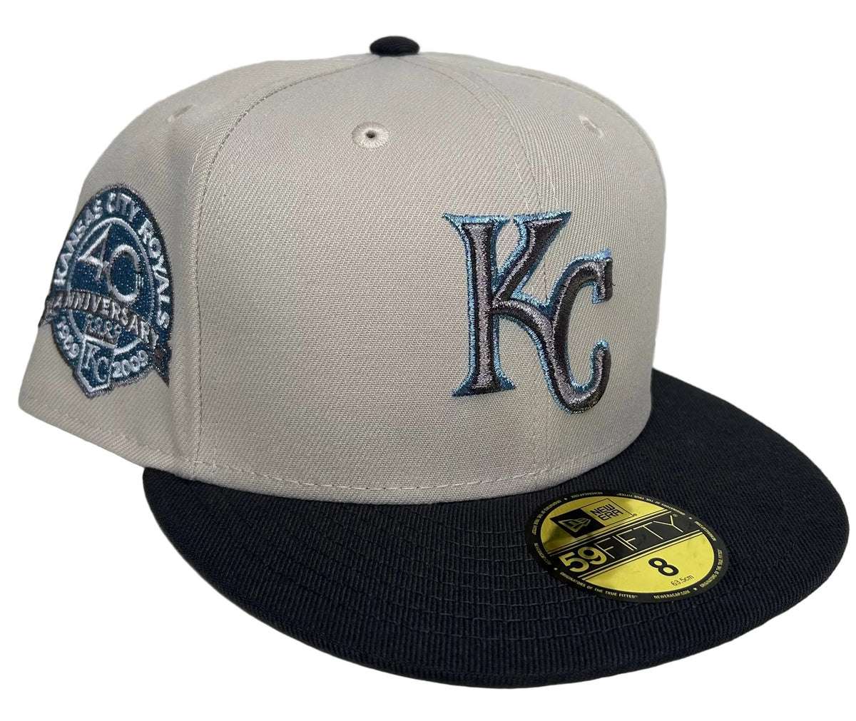 New Era Kansas City Royals 40th Anniversary Prime Metallic Two-Tone 59FIFTY fitted hat, featuring an iced-out metallic KC front logo and a commemorative 40th-anniversary side patch.