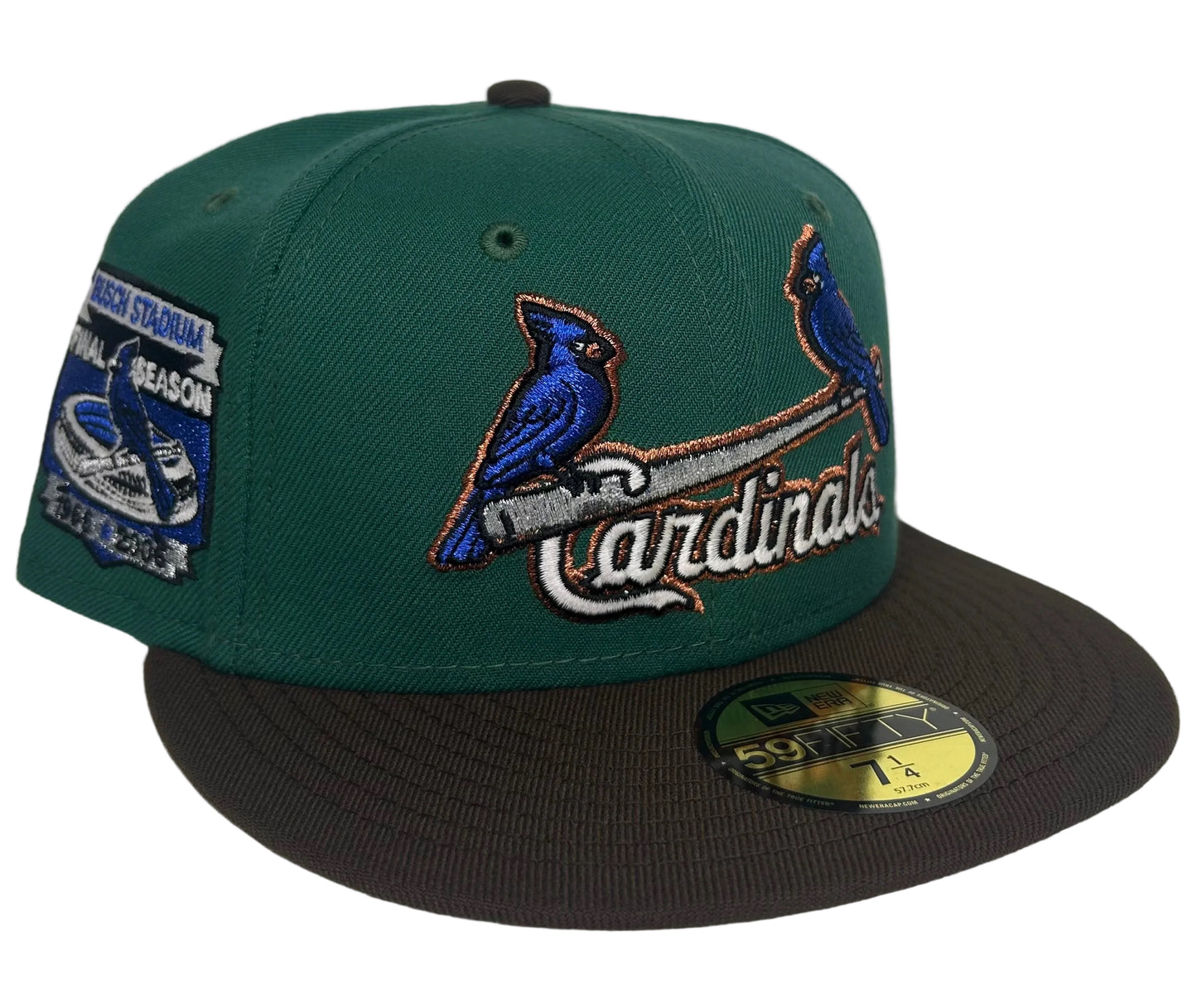 New Era St. Louis Cardinals 59FIFTY fitted hat featuring a dark green crown, a brown visor, and a 2006 Busch Stadium final season side patch.