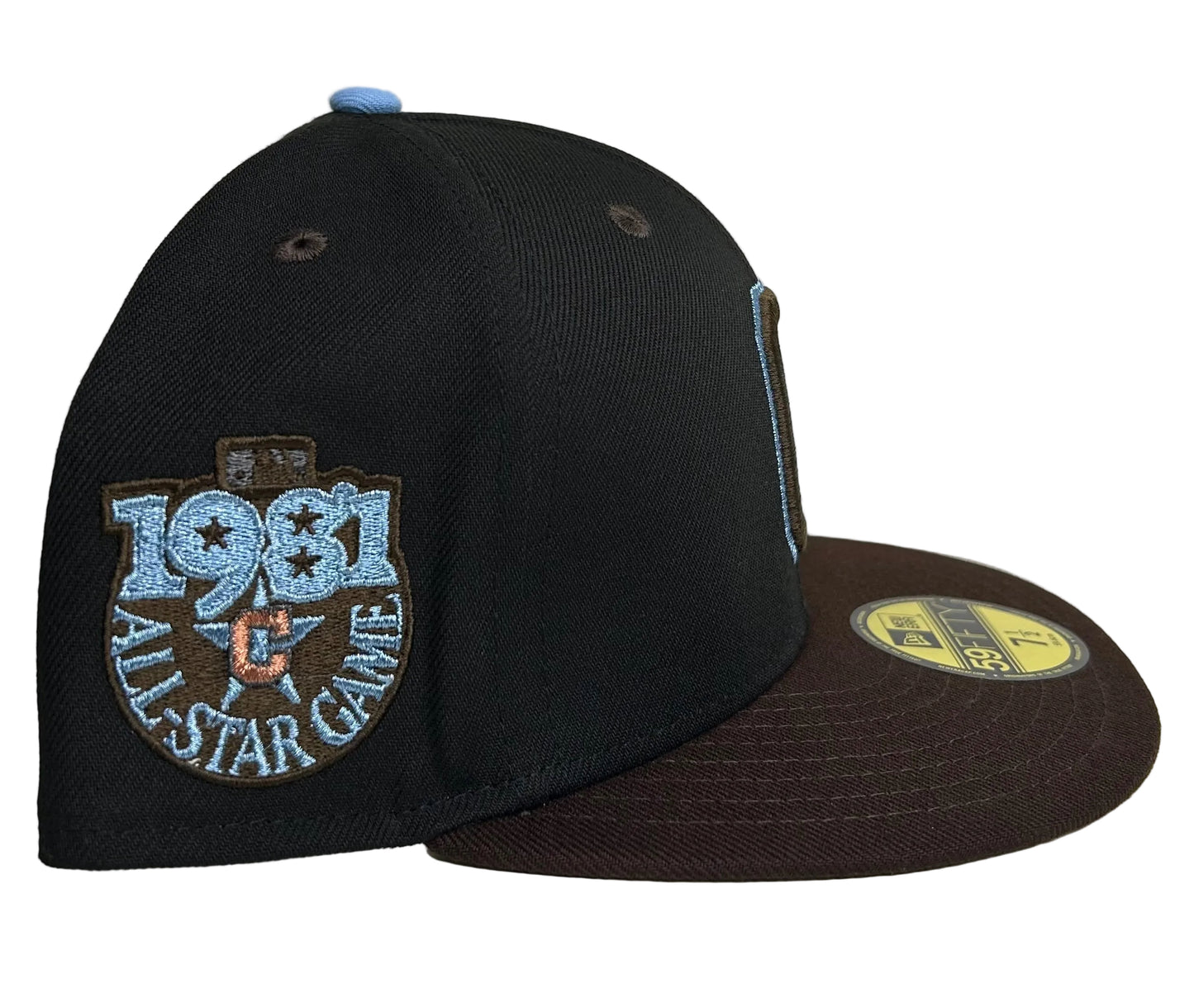 New Era Cleveland Guardians 59FIFTY fitted hat features a brown brim and a 1981 All-Star Game side patch.