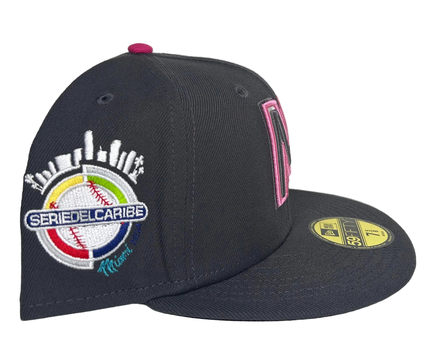 New Era Mexico Caribbean Series Home Gray 59FIFTY Fitted Hat featuring a prominent pink and white embroidered "M" on the front.