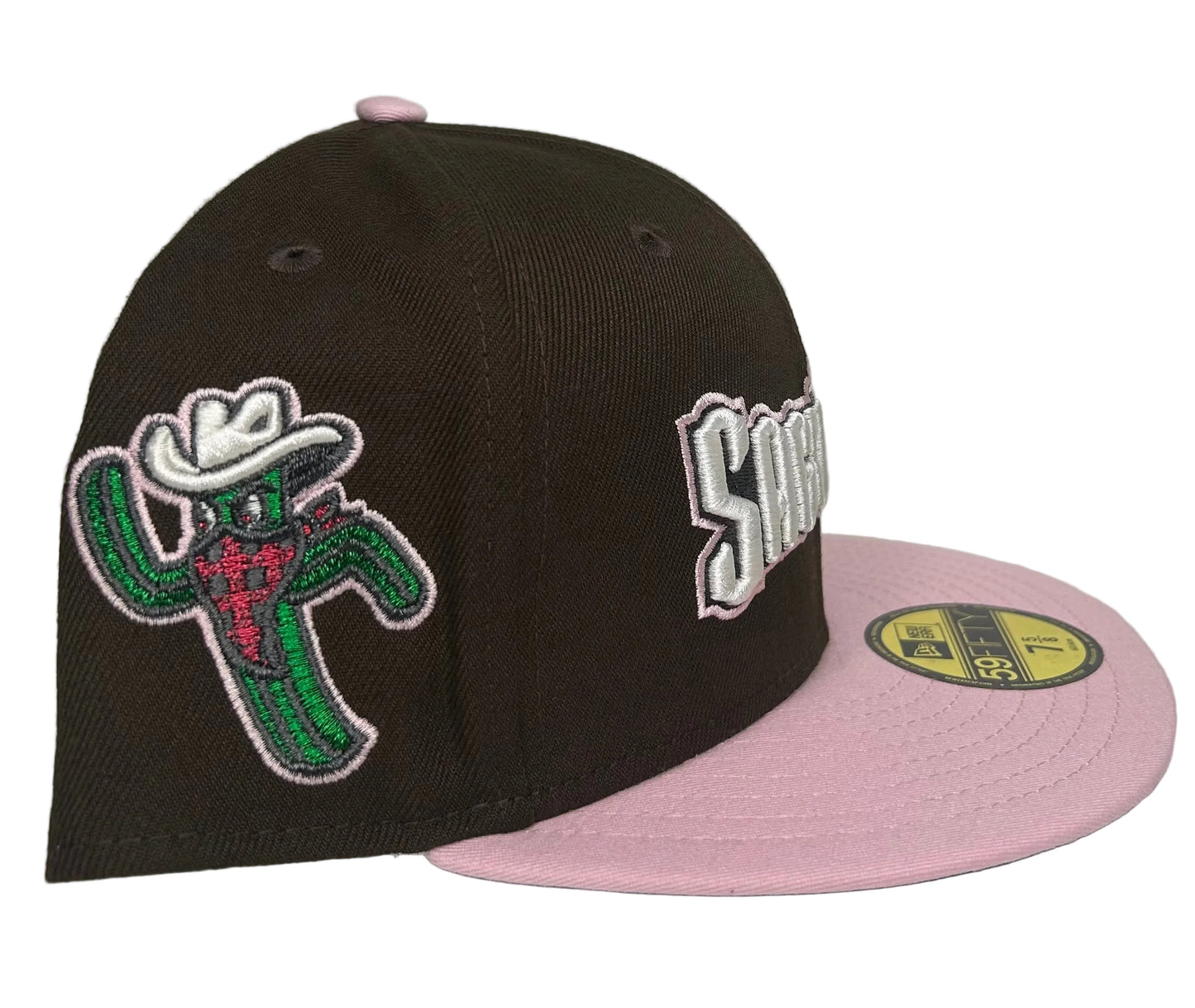 New Era 59Fifty fitted hat features a brown crown, pink visor, and a "Saguaros" text embroidered with a cactus side patch.