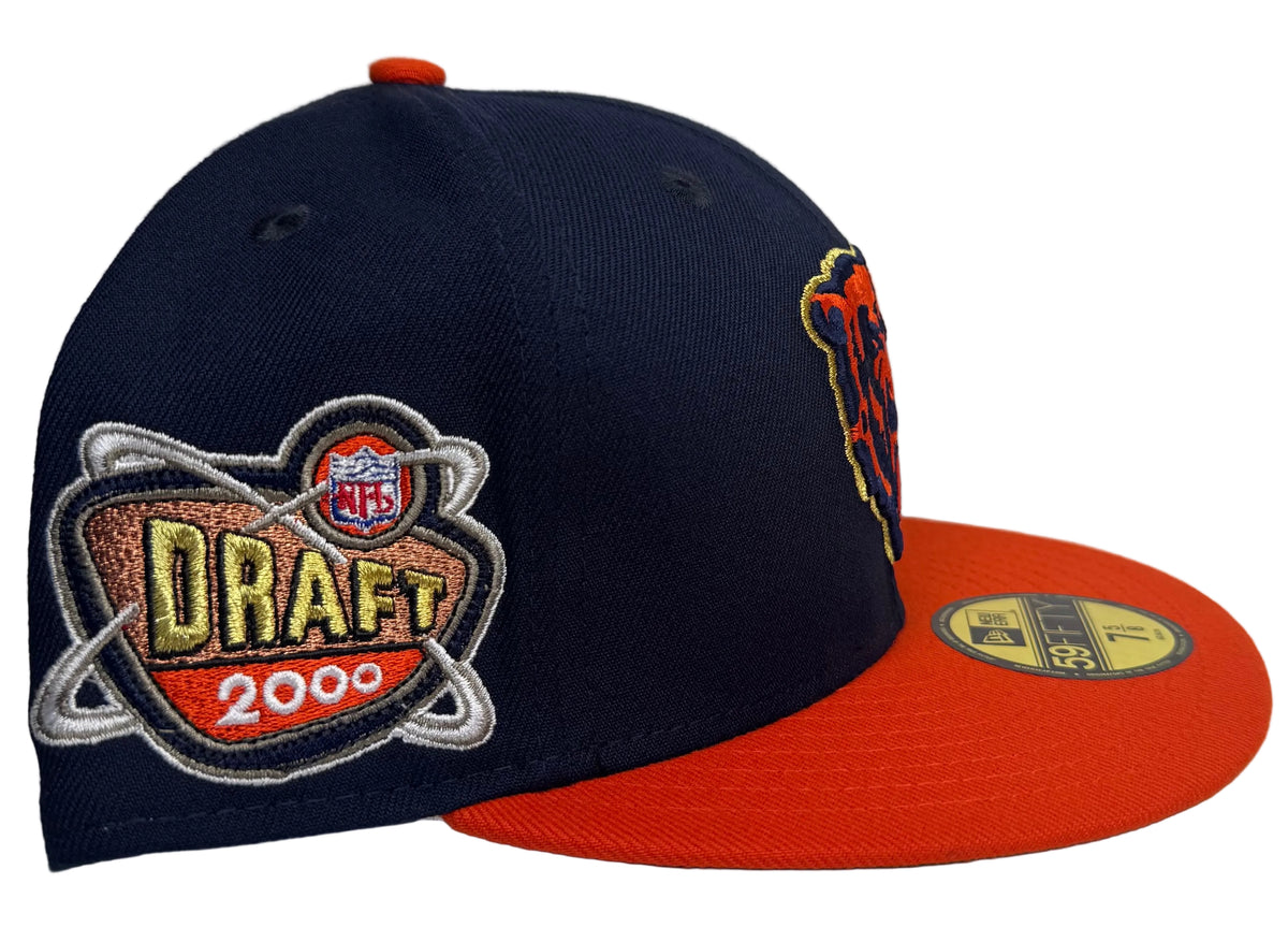 New Era Chicago Bears 2000 NFL Draft Legends Two-Tone 59FIFTY fitted hat featuring a navy crown and orange visor.