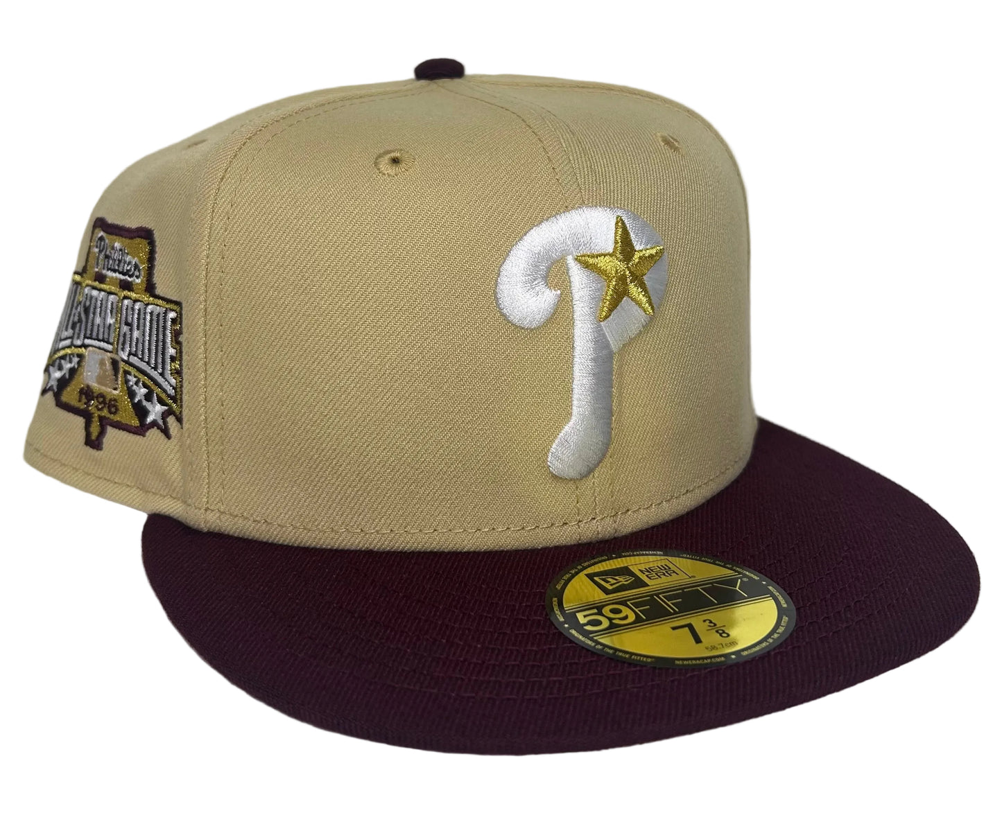 New Era Philadelphia Phillies 1996 All-Star Game 59Fifty fitted hat featuring a khaki crown, maroon visor, and gold accents.