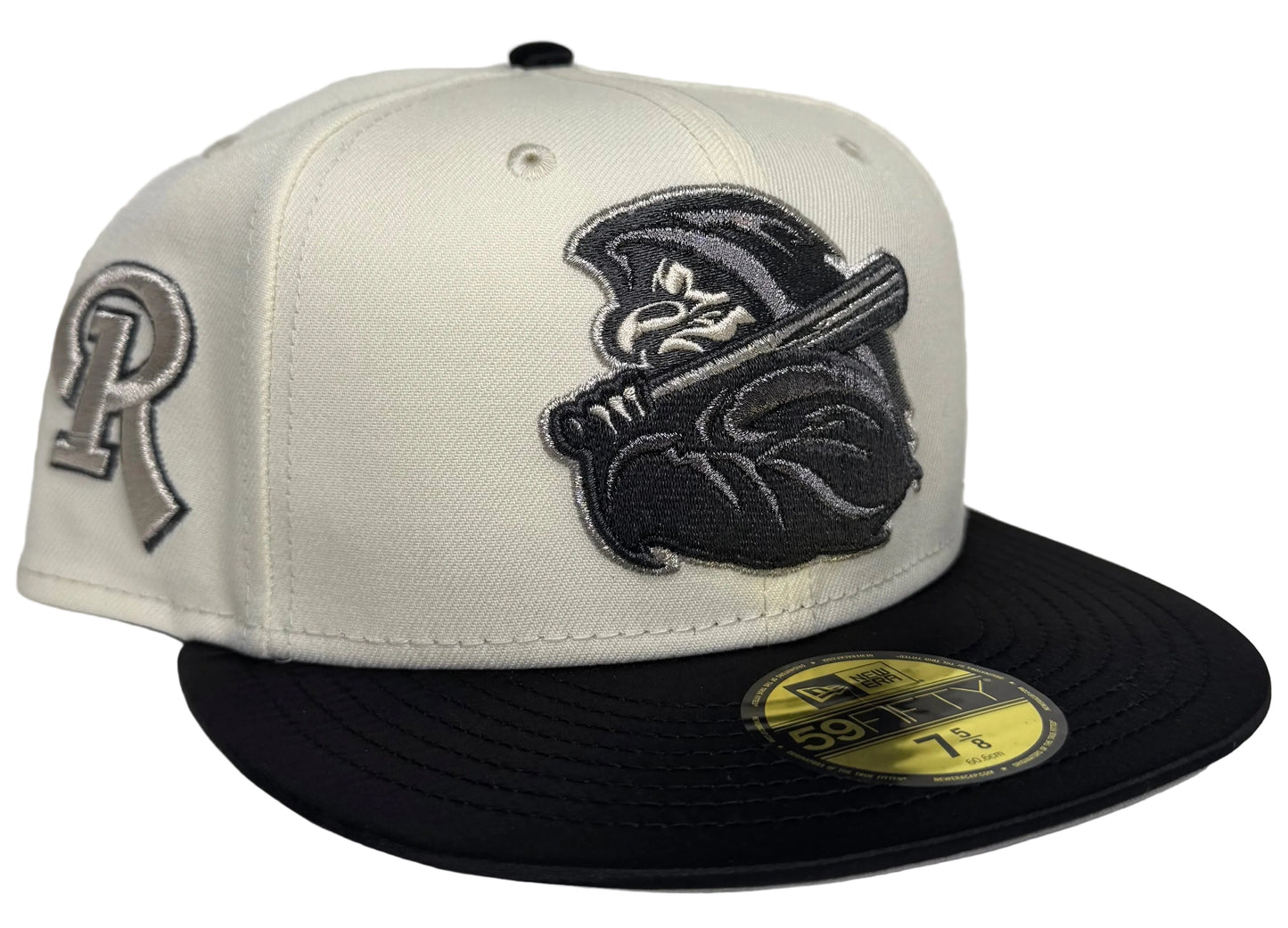 New Era Rochester Red Wings Reaper Chrome Satin Brim Two Tone Edition 59Fifty Fitted Hat features a distinctive satin brim and a "Grim Reaper" logo.