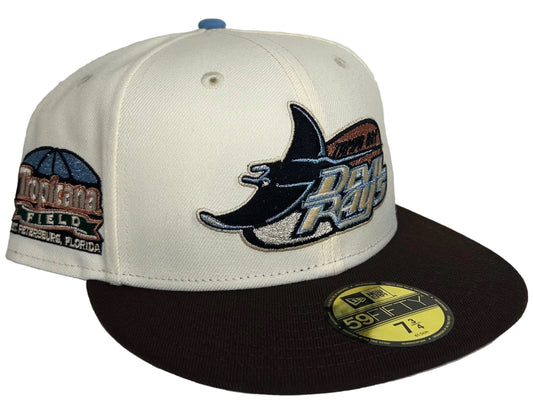 Tampa Bay Rays 59FIFTY fitted hat features a brown brim, cream crown, and a side patch of Tropicana Field.
