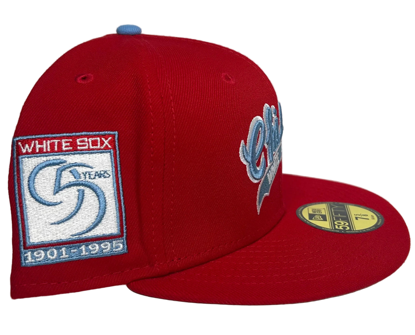 New Era Chicago White Sox City Flag 59FIFTY Fitted Hat featuring light blue cursive embroidery on the front and a commemorative side patch.