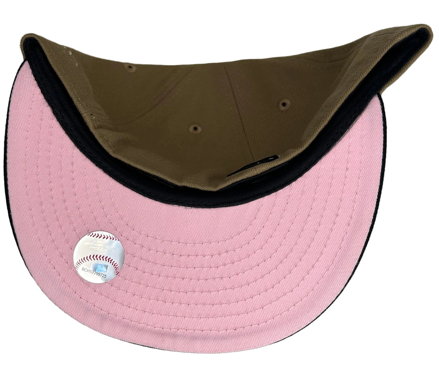 New Era 59Fifty fitted cap for the Pittsburgh Pirates features a tan crown, a black visor with a pink underside, and a distinctive All-Star Game side patch.