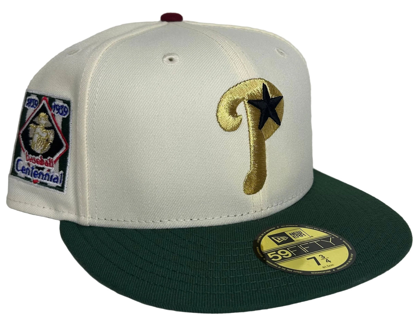 New Era Philadelphia Phillies 59Fifty fitted hat features a distinctive cream-colored crown, a dark green visor, and a special 1939 Baseball Centennial side patch.