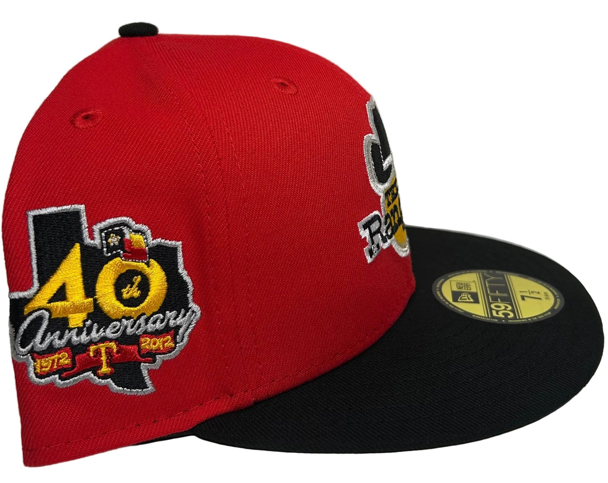 New Era 59FIFTY fitted hat featuring a Texas Rangers logo on the front and a 40th Anniversary side patch.