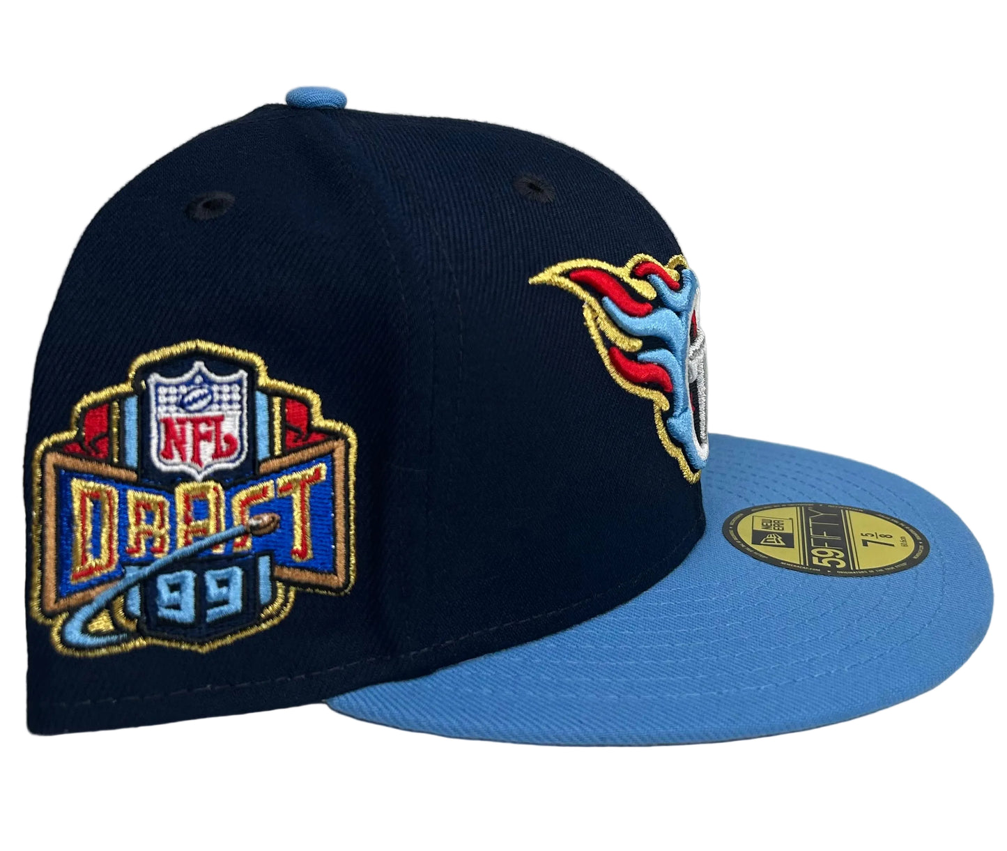 New Era Tennessee Titans 59FIFTY fitted hat in a two-tone navy and light blue design featuring a side patch.