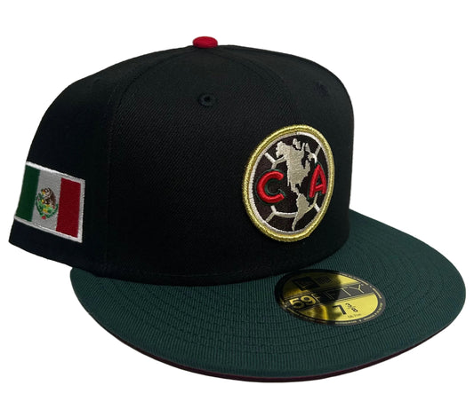 New Era 59Fifty fitted hat featuring a black crown and forest green visor, specifically styled for Club America with a Mexico flag patch on the side.
