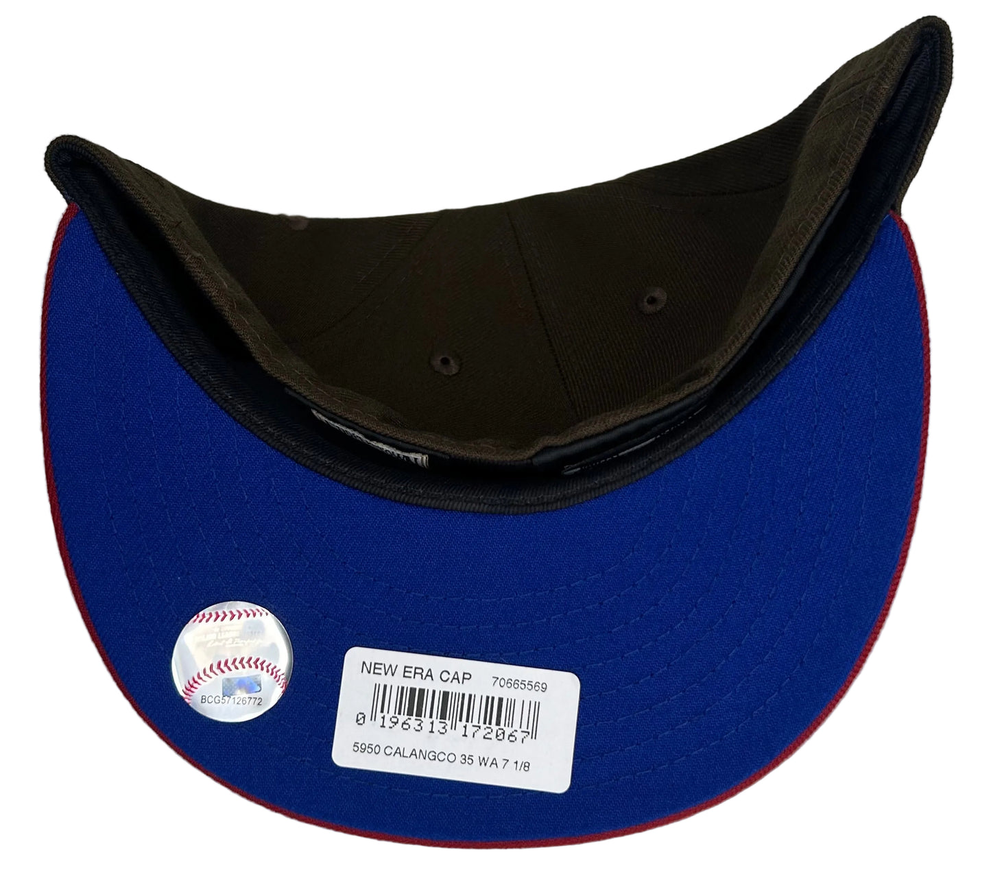 New Era 59Fifty California Angels fitted hat features a brown crown, red brim, and a 35th Anniversary patch.