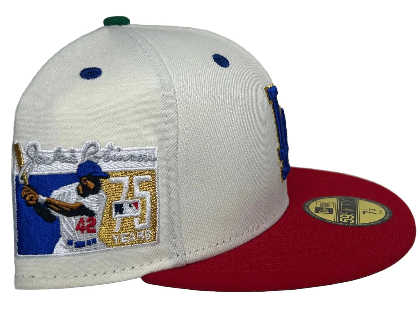 Los Angeles Dodgers New Era 59FIFTY fitted hat with an off-white crown, red visor & a commemorative side patch.