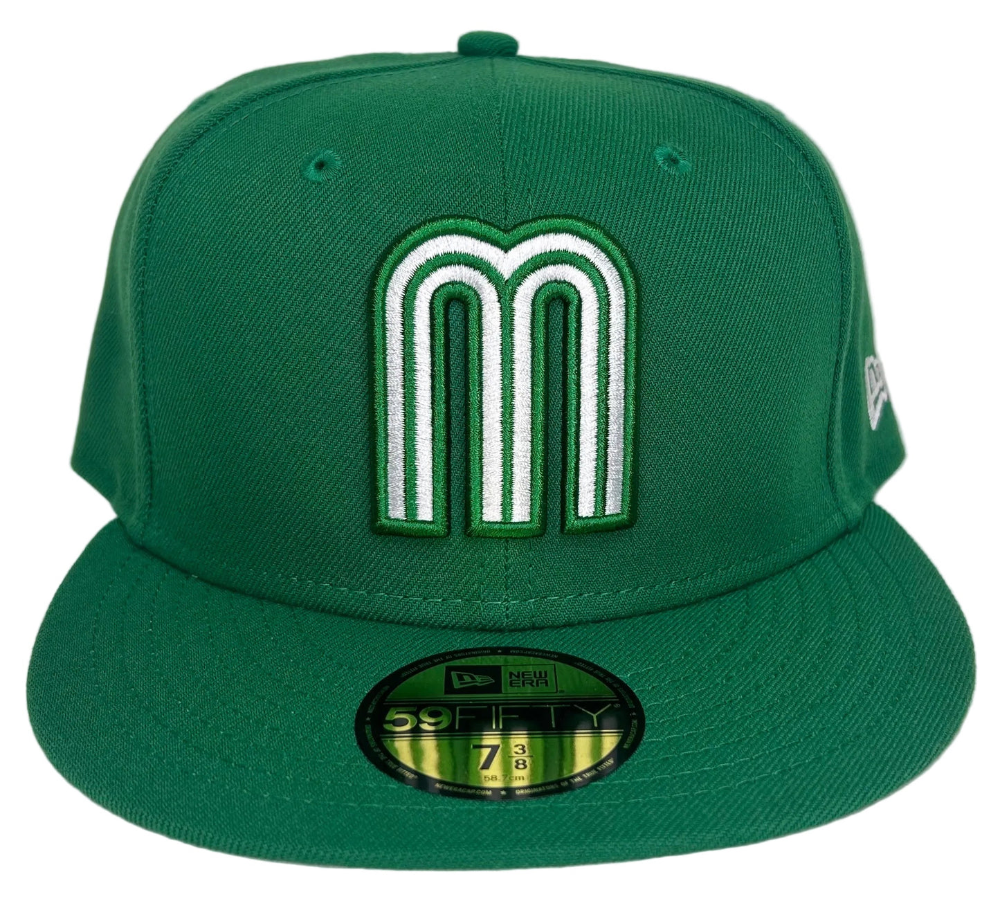 New Era 59FIFTY Mexico World Baseball Classic Fitted Hat, featuring a kelly green crown and a white/green embroidered logo.