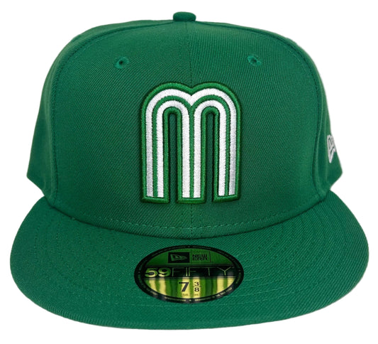 New Era 59FIFTY Mexico World Baseball Classic Fitted Hat, featuring a kelly green crown and a white/green embroidered logo.
