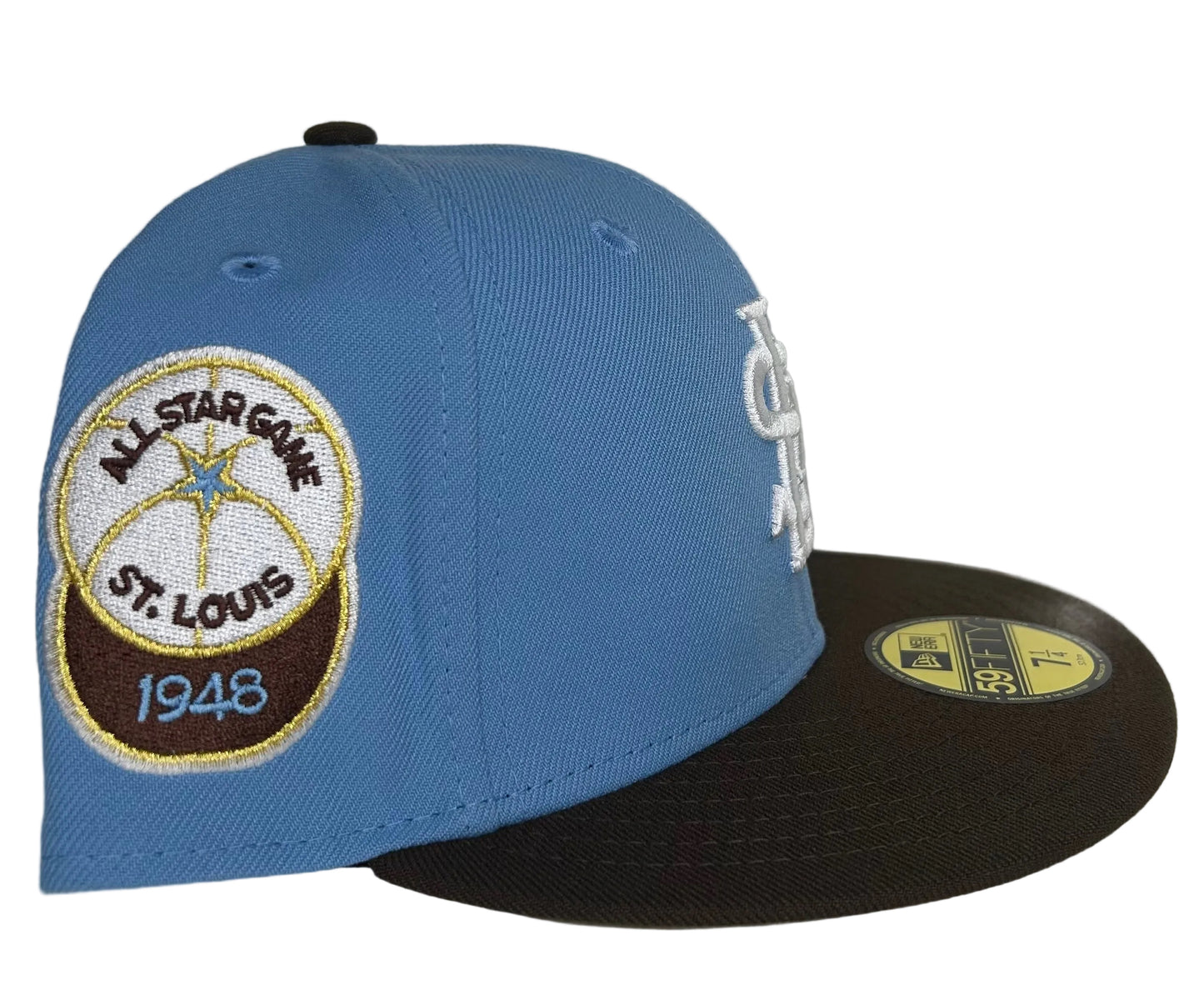 New Era St. Louis Cardinals 59FIFTY fitted hat featuring a light blue crown, dark brown visor, and a 1948 All-Star Game side patch.