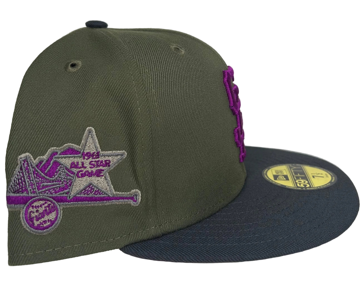 New Era San Francisco Giants fitted hat features a 1961 All-Star Game patch on the side and a vibrant purple undervisor.