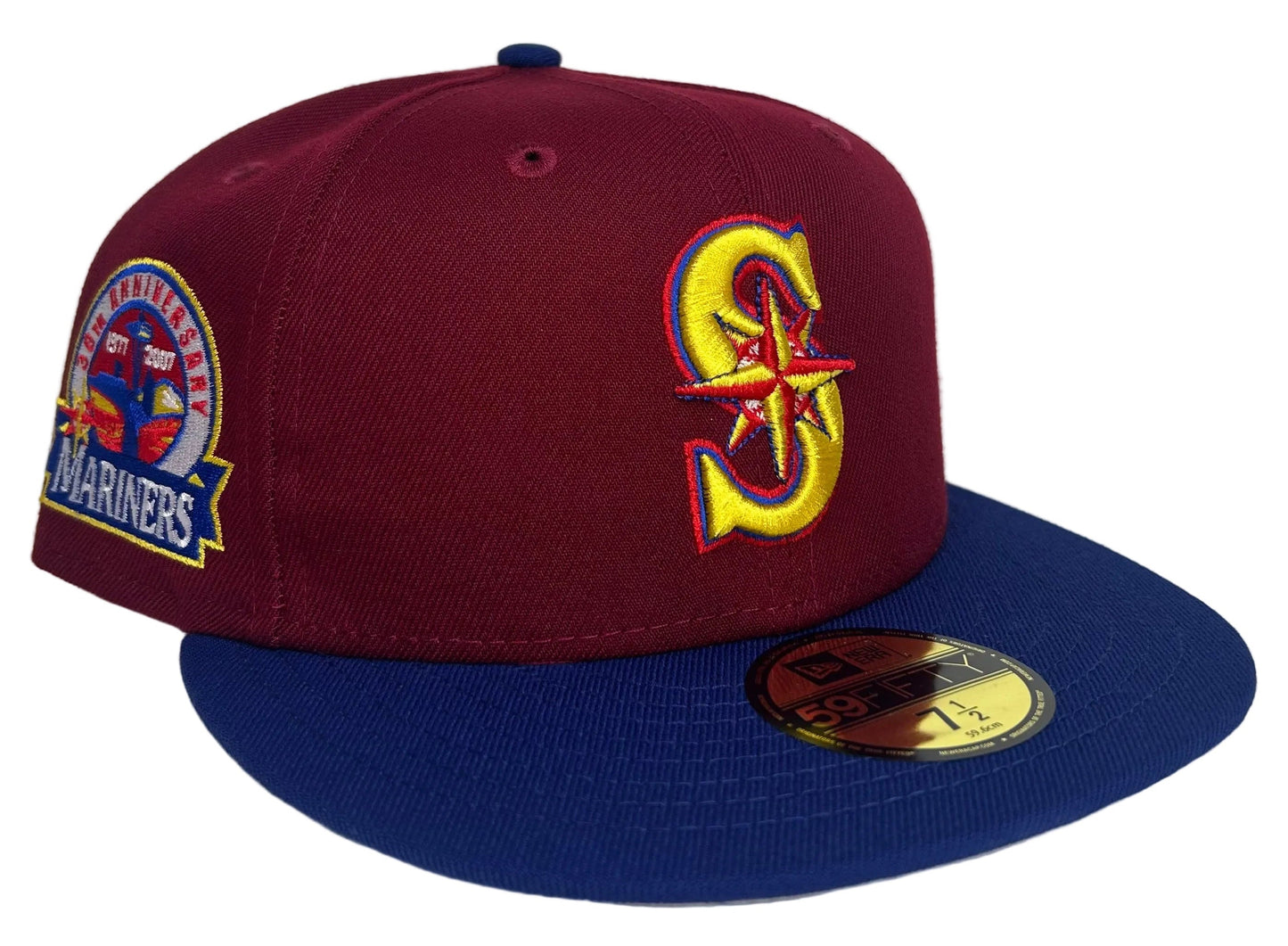 New Era Seattle Mariners Sangria Collection 59FIFTY fitted hat featuring a 30th Anniversary patch.