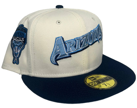 New Era 59FIFTY Arizona Diamondbacks fitted hat featuring an embroidered "Arizona" script on the front and a team snake side patch.