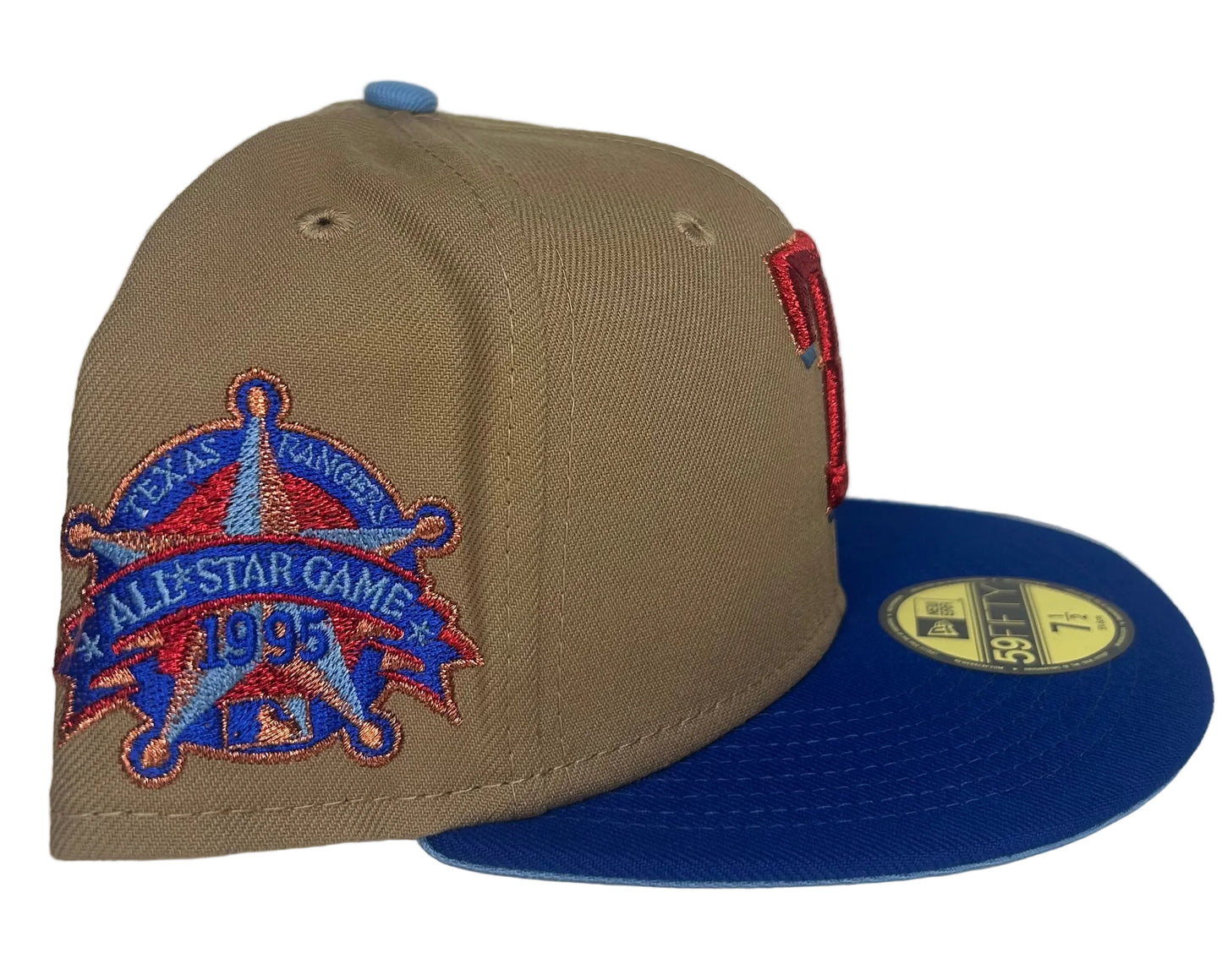 New Era Texas Rangers 59FIFTY fitted hat features a khaki crown, a royal blue brim, and a 1995 All-Star Game side patch.