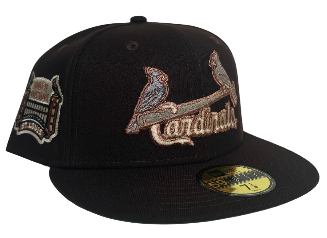 New Era St. Louis Cardinals 59FIFTY fitted hat from a specialized collection featuring a black crown and visor with metallic copper and gold embroidery.