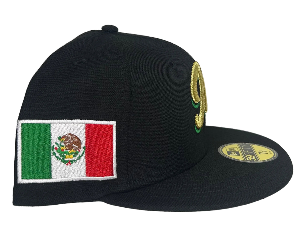 New Era 59Fifty Serie del Caribe cap features a black crown with a gold "M" logo and a Mexican flag patch on the side.