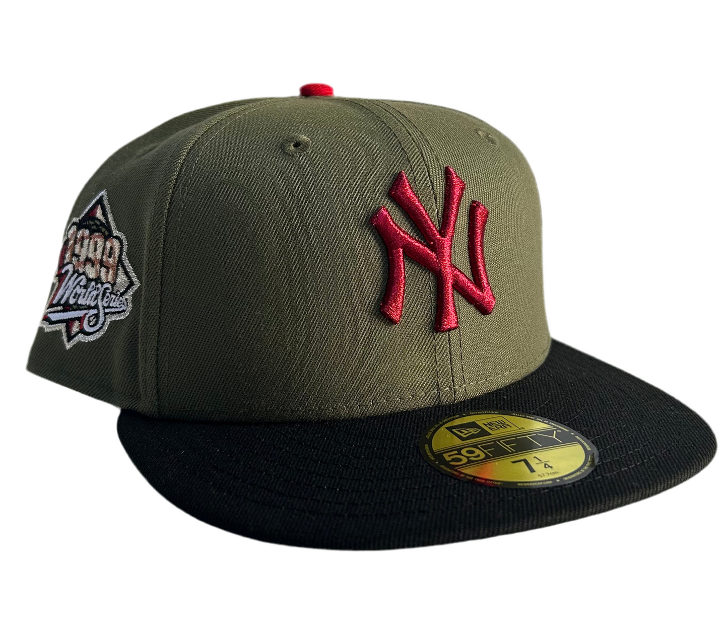 New York Yankees New Era 1999 World Series Olive 59FIFTY fitted hat with a black brim and Gray UV.
