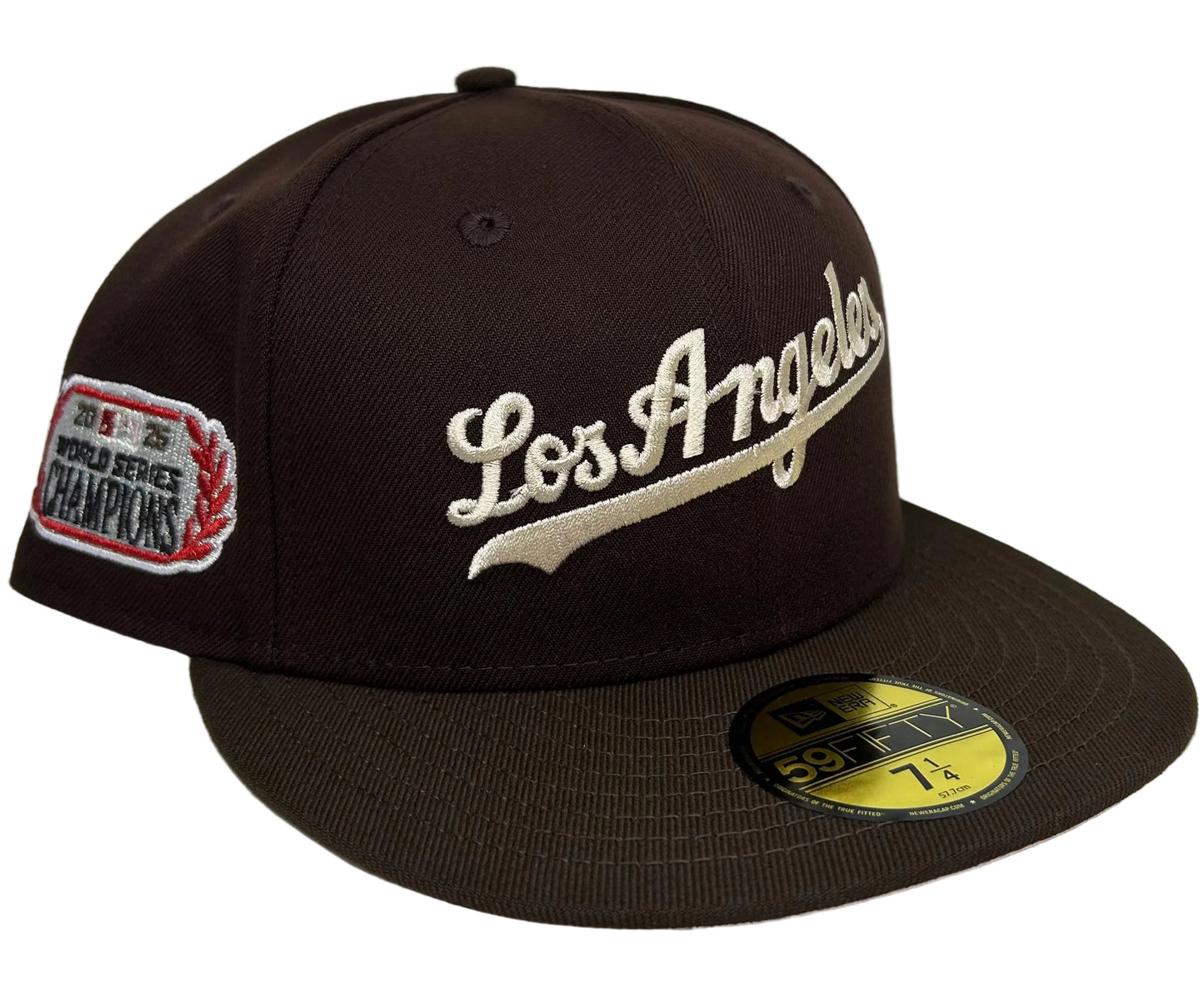 New Era 59FIFTY Los Angeles Dodgers "Sneaky Mocha Script" fitted hat MP in a brown colorway with a cursive "Los Angeles" script embroidery and a World Series side patch.