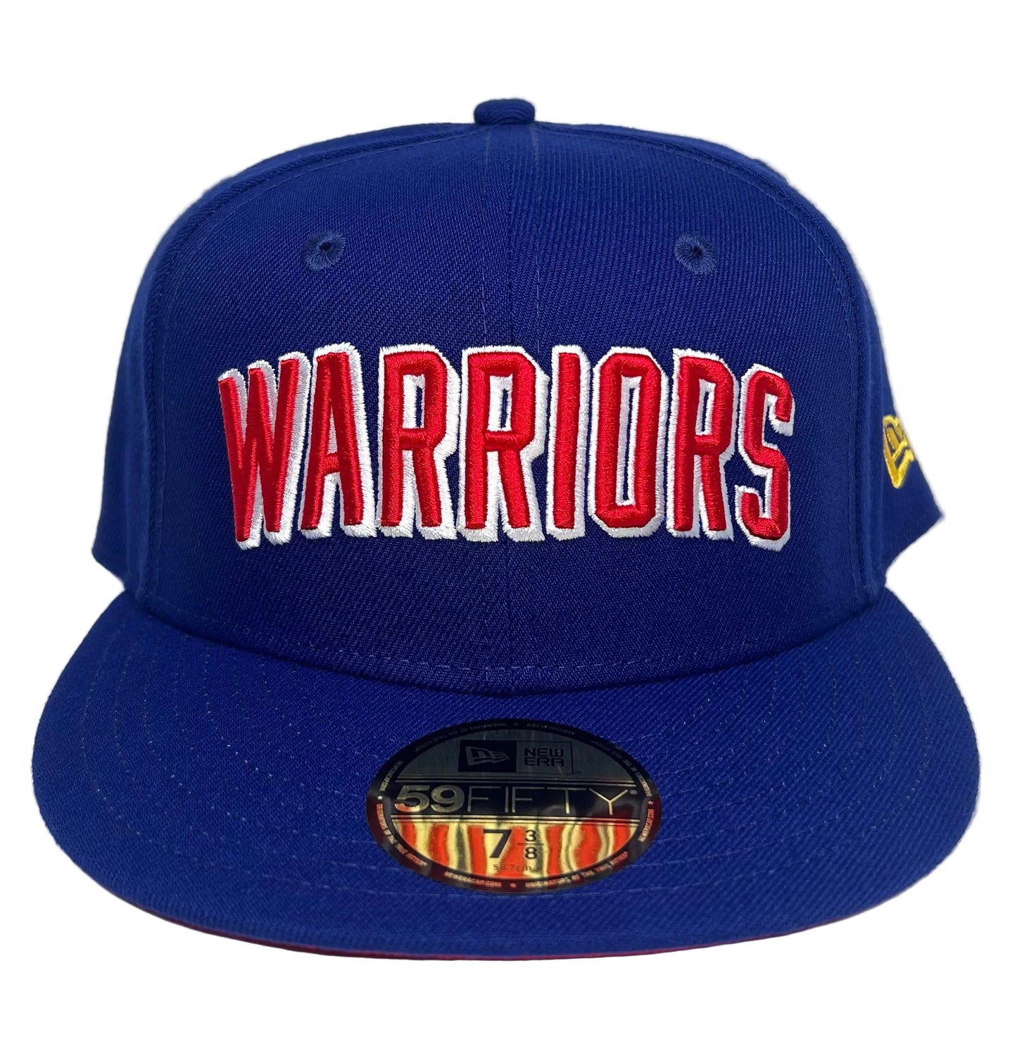 New Era 59FIFTY Golden State Warriors royal blue fitted cap featuring raised red and white "WARRIORS" block lettering across the front crown.