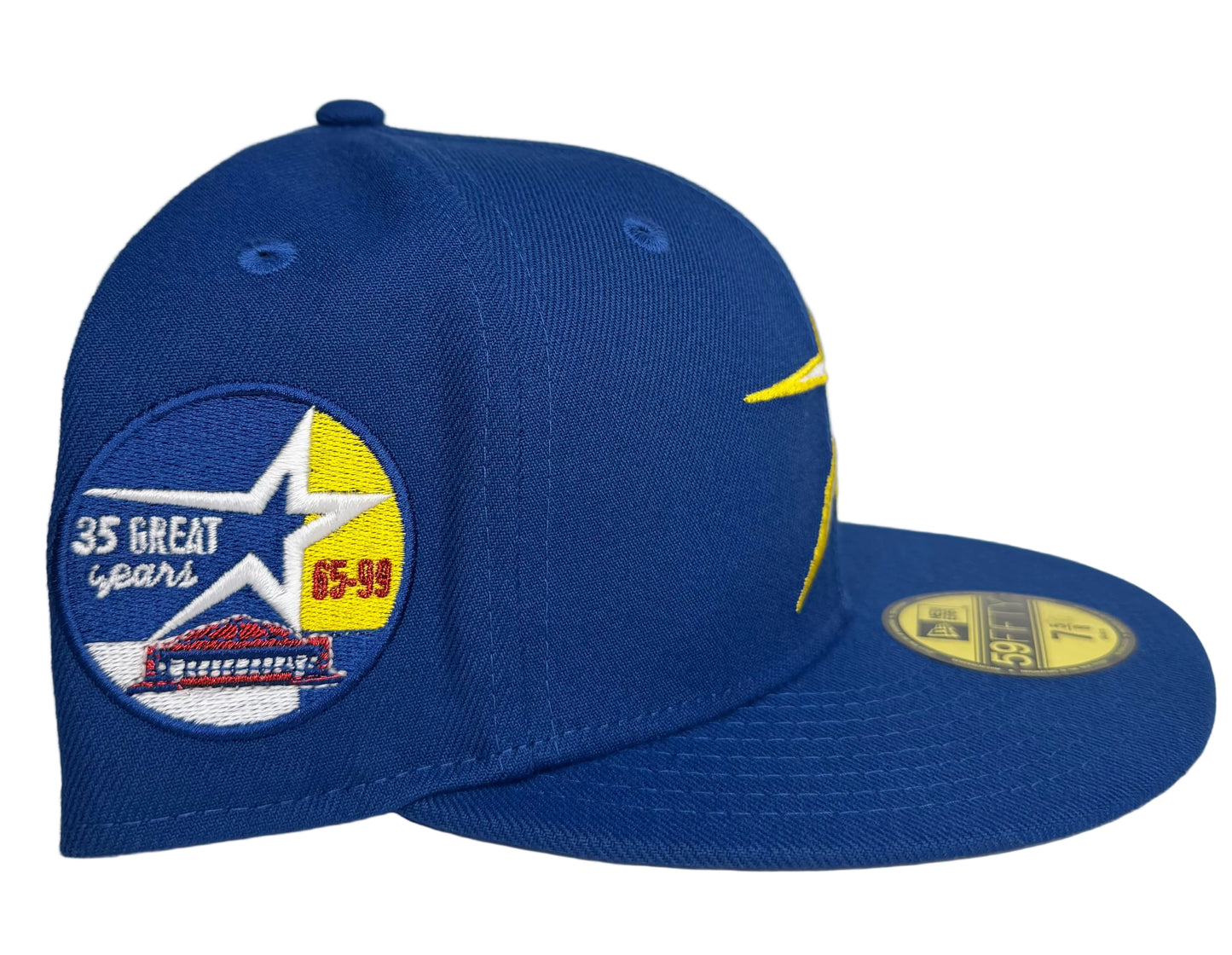 New Era 59FIFTY Houston Astros 35th Anniversary fitted hat in navy blue with a metallic gold star logo.