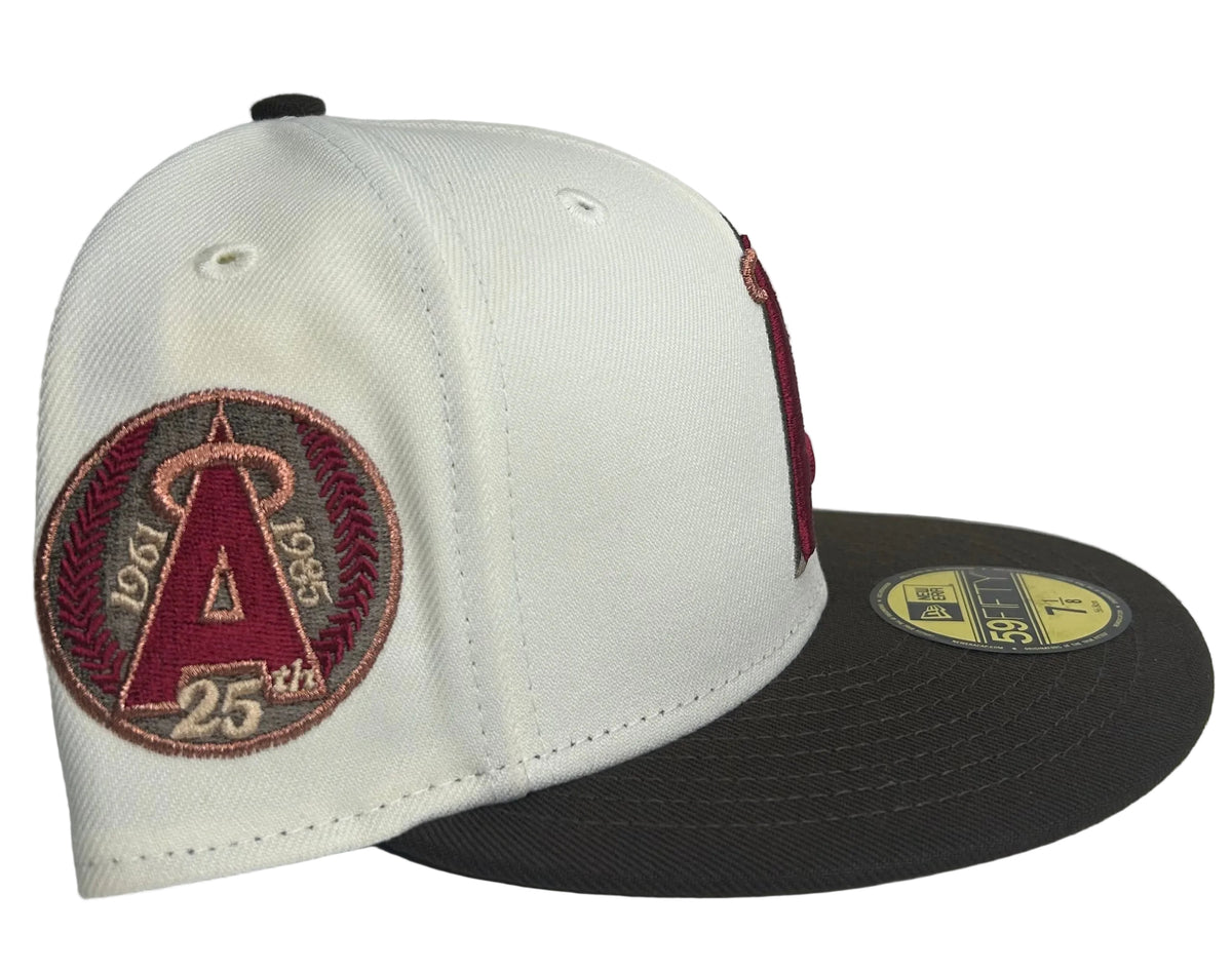 New Era Los Angeles Angels 25th Anniversary 59FIFTY Fitted Hat featuring a cream-colored crown, brown visor, and a special side patch.